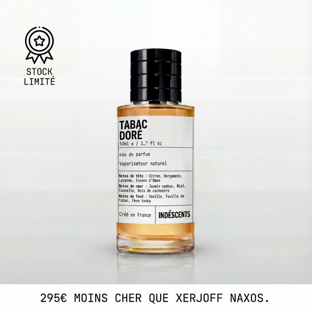 Flacon doré Tabac Doré Indéscents, eau de parfum inspirée de Xerjoff Naxos