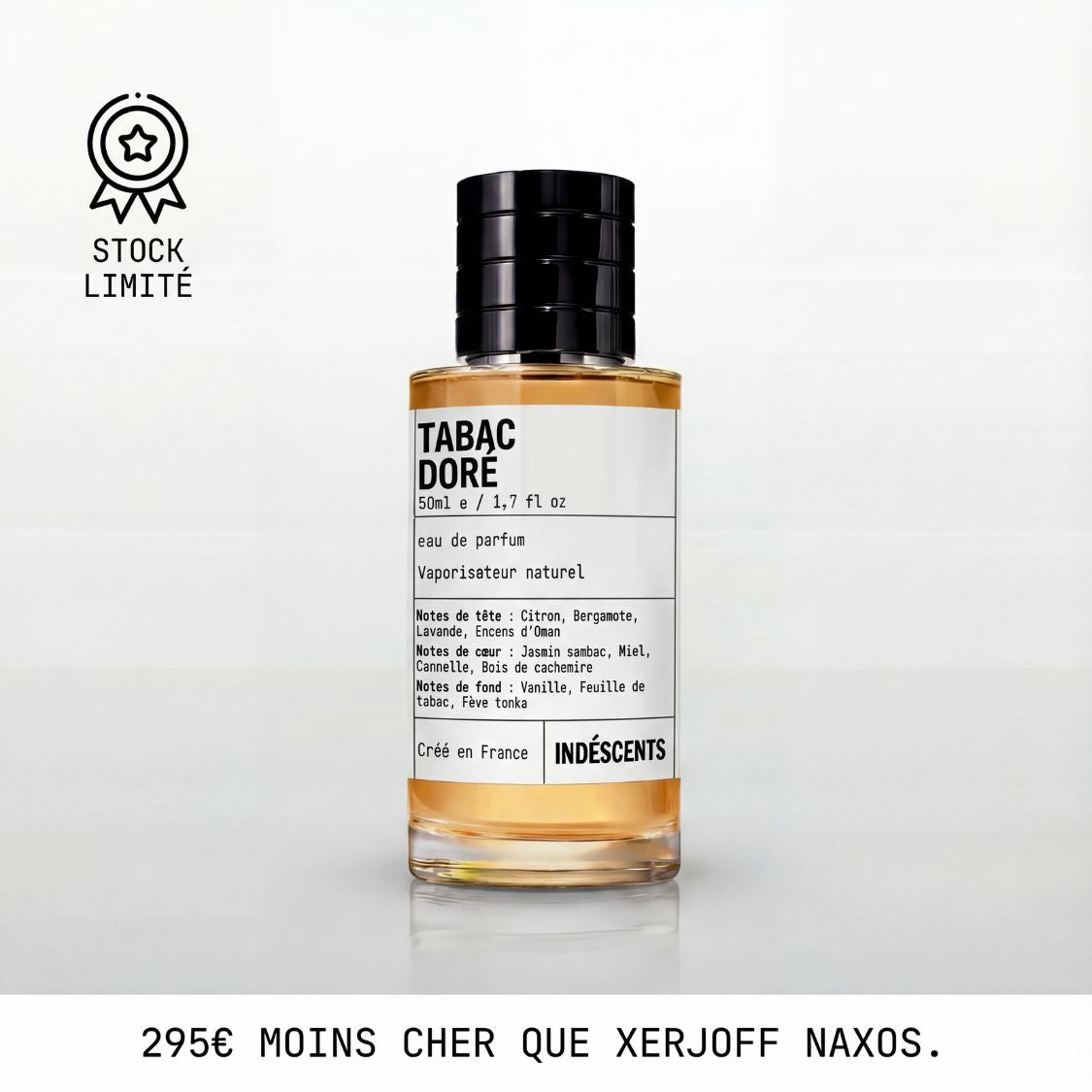 Flacon doré Tabac Doré Indéscents, eau de parfum inspirée de Xerjoff Naxos