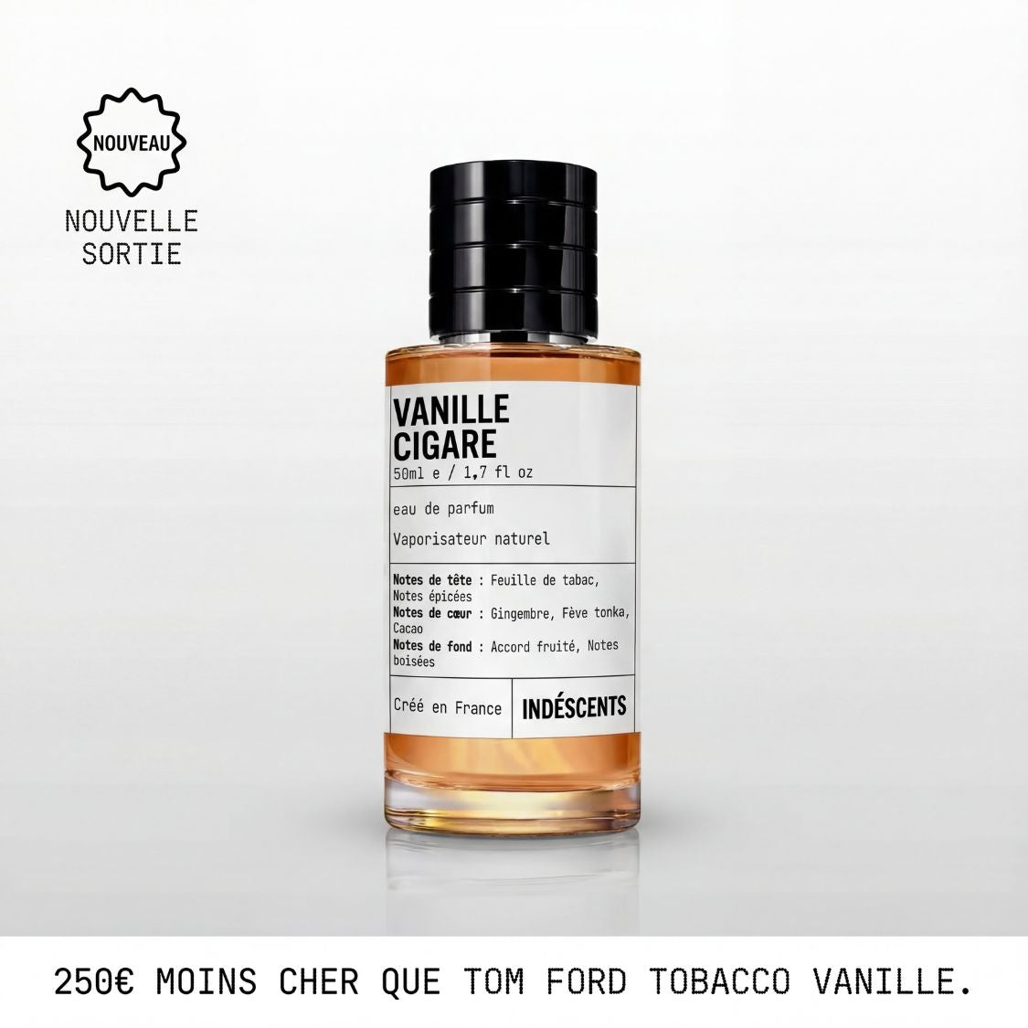 Flacon ambré Vanille Cigare Indéscents, eau de parfum inspirée de Tom Ford Tobacco Vanille