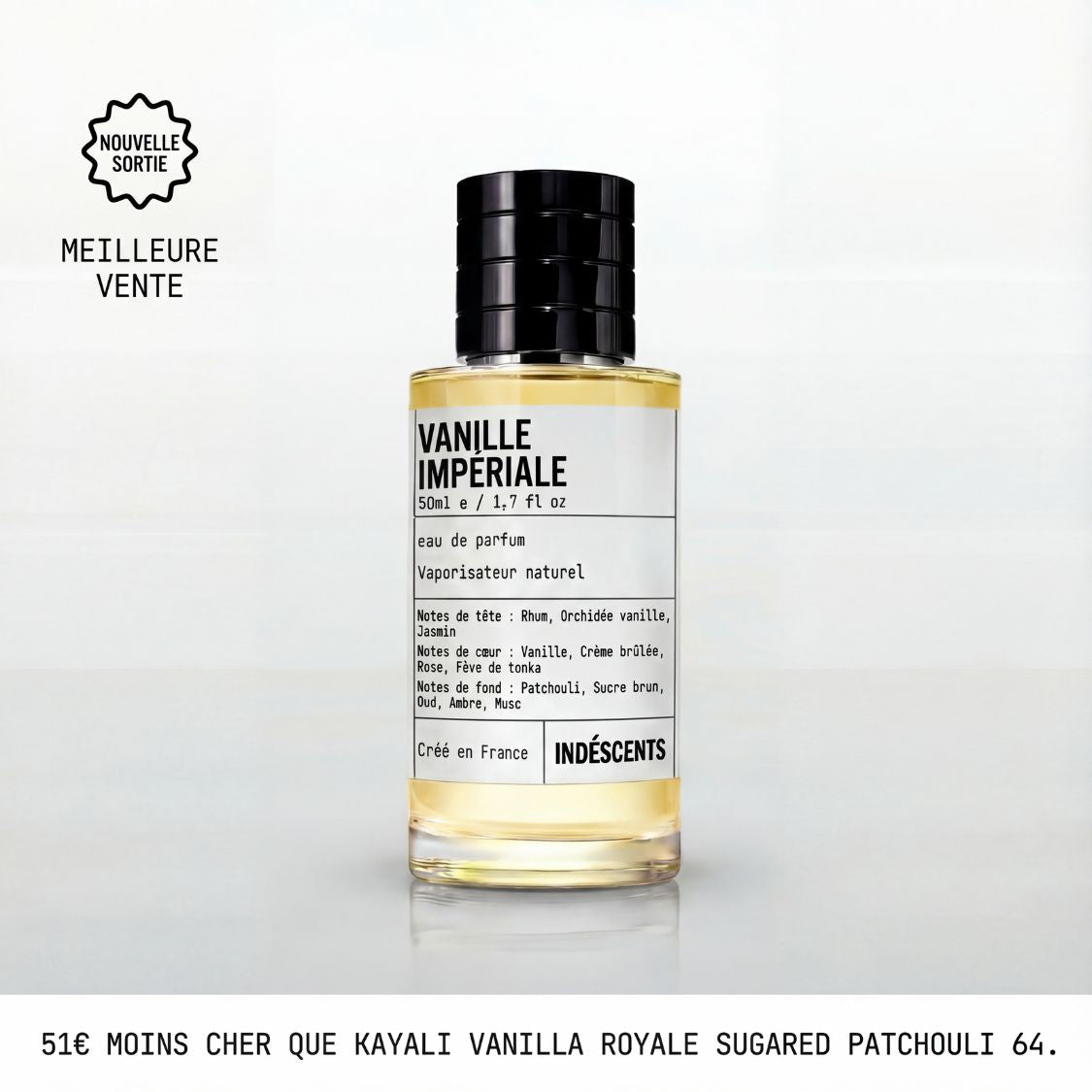 Flacon Vanille Impériale Indéscents, eau de parfum inspirée de Kayali Vanilla Royale Sugared Patchouli 64