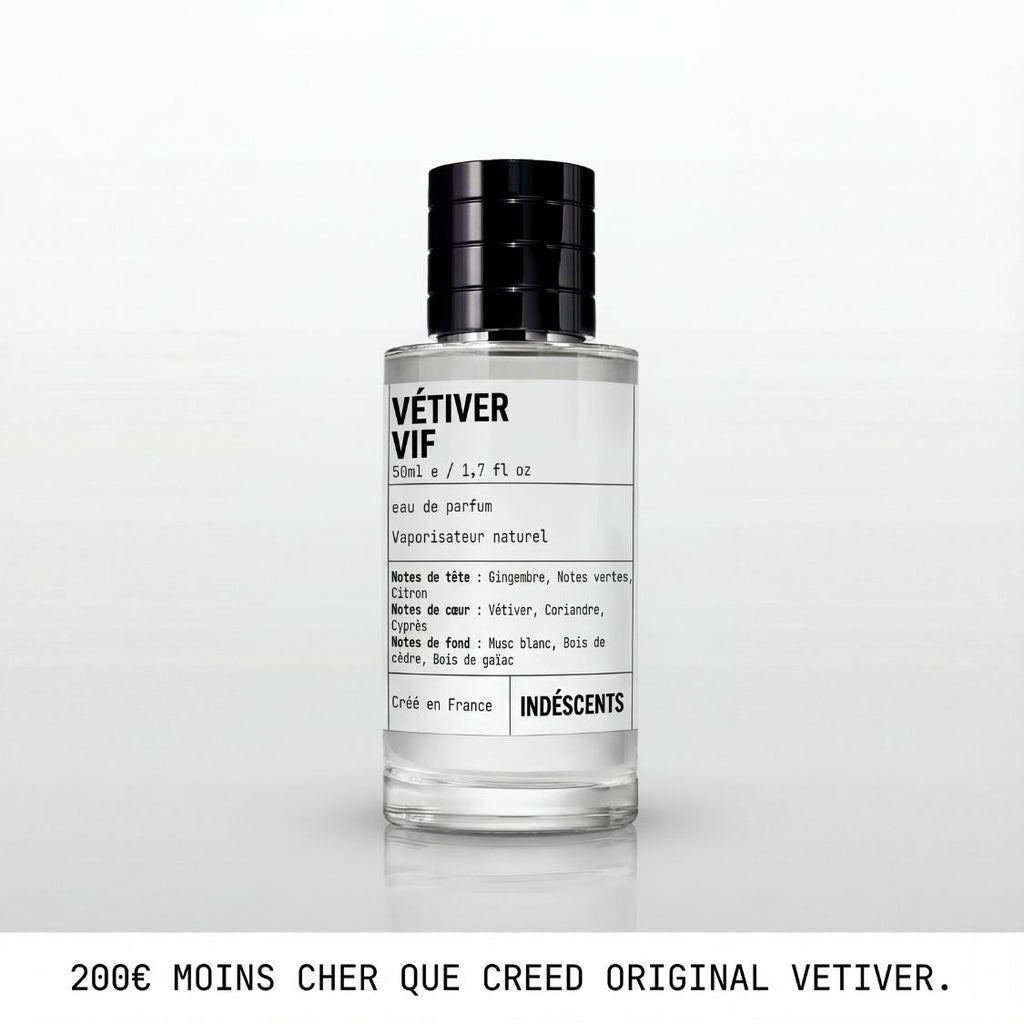 Flacon Vétiver Vif Indéscents, eau de parfum fraîche inspirée de Creed Original Vetiver