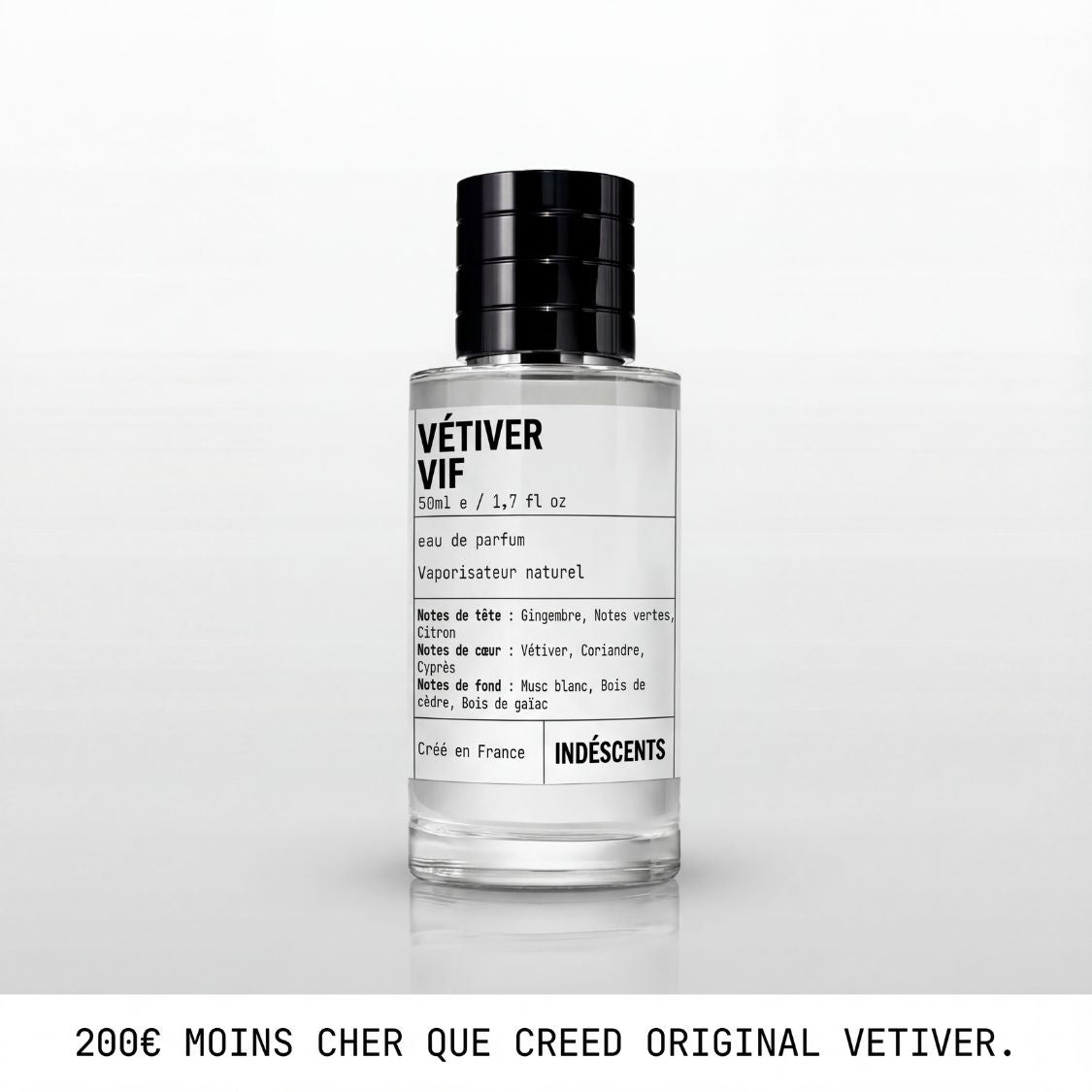 Flacon Vétiver Vif Indéscents, eau de parfum fraîche inspirée de Creed Original Vetiver