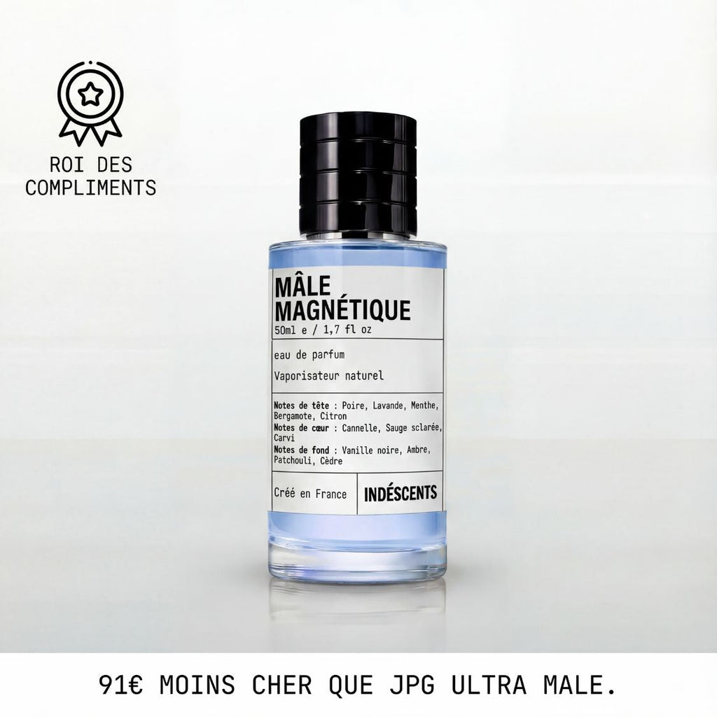 Flacon Mâle Magnétique Indéscents, eau de parfum bleu pâle inspirée de Jean Paul Gaultier Ultra Male
