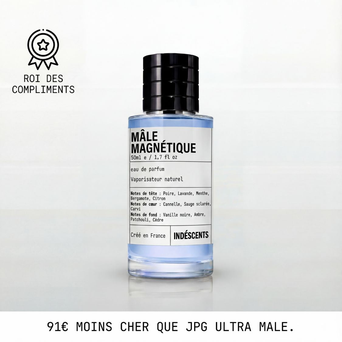 Flacon Mâle Magnétique Indéscents, eau de parfum bleu pâle inspirée de Jean Paul Gaultier Ultra Male