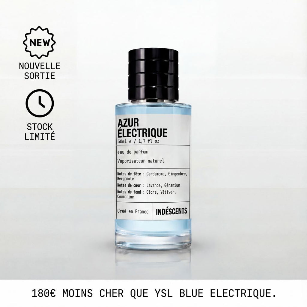 Flacon Azur Électrique Indéscents, eau de parfum aromatique inspirée de YSL La Nuit de L'Homme Bleu Électrique, 50 ml
