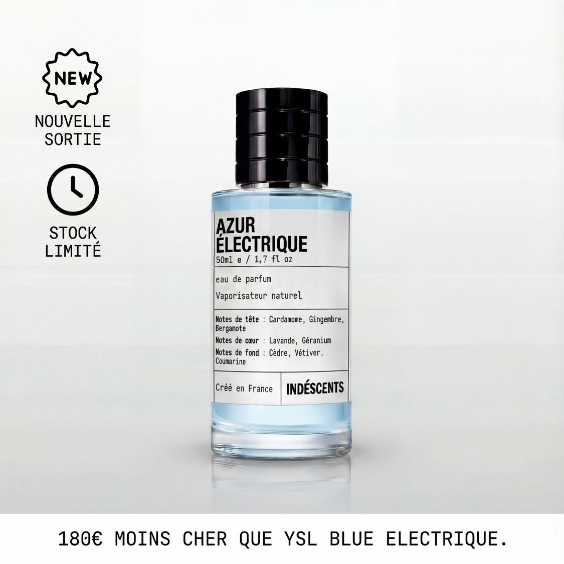 Flacon Azur Électrique Indéscents, eau de parfum aromatique inspirée de YSL La Nuit de L'Homme Bleu Électrique, 50 ml
