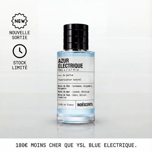 Flacon Azur Électrique Indéscents, eau de parfum aromatique inspirée de YSL La Nuit de L'Homme Bleu Électrique, 50 ml