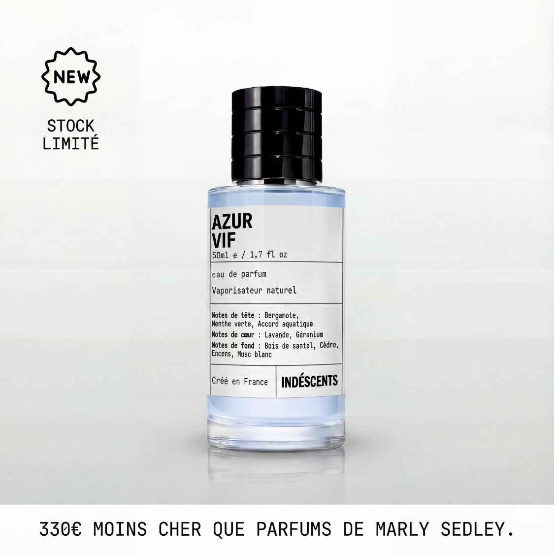 Flacon Azur Vif Indéscents, eau de parfum fraîche inspirée de Parfums de Marly Sedley, 50 ml