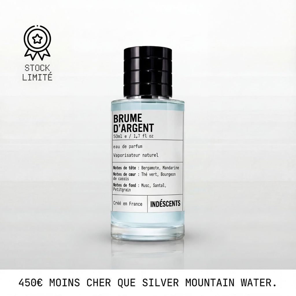 Flacon Brume d'Argent Indéscents, eau de parfum fraîche inspirée de Creed Silver Mountain Water, 50 ml