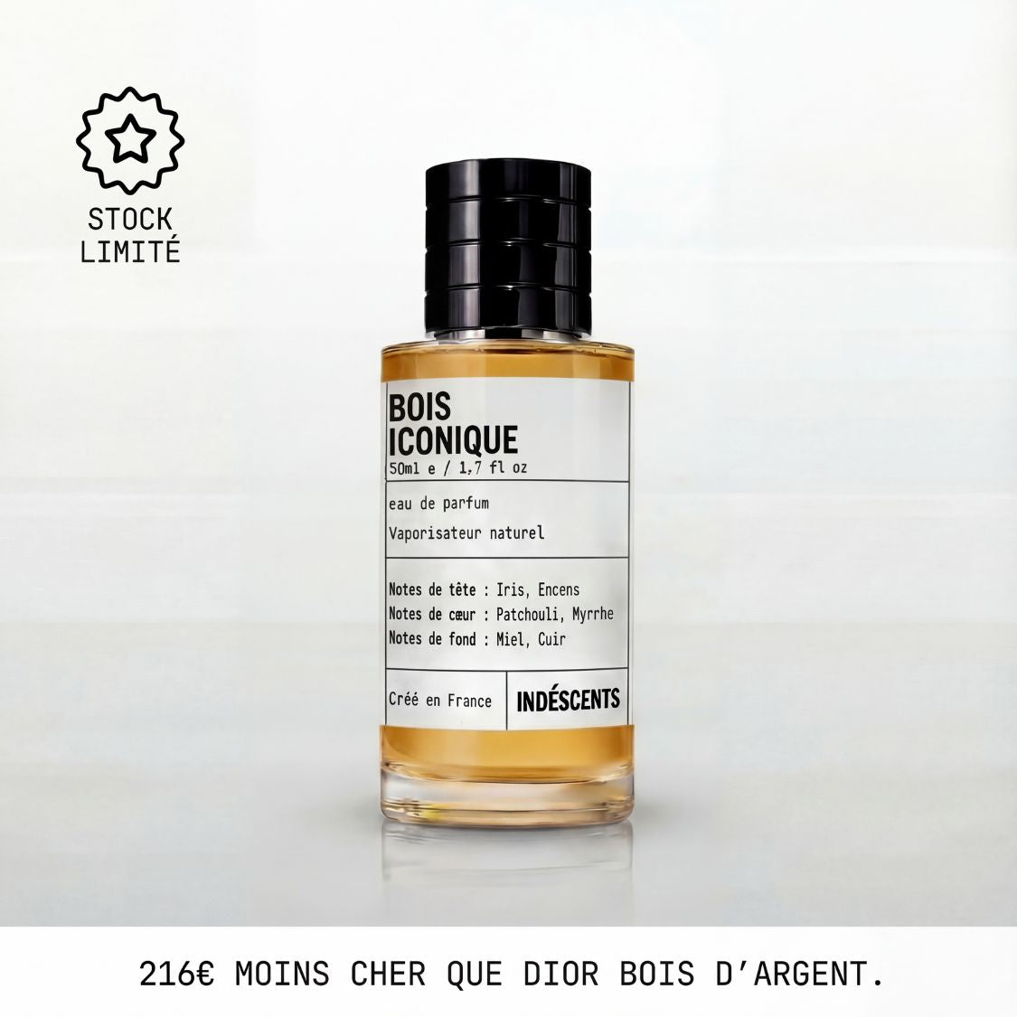 Flacon Bois Iconique Indéscents, eau de parfum boisée inspirée de Dior Bois d'Argent, 50 ml