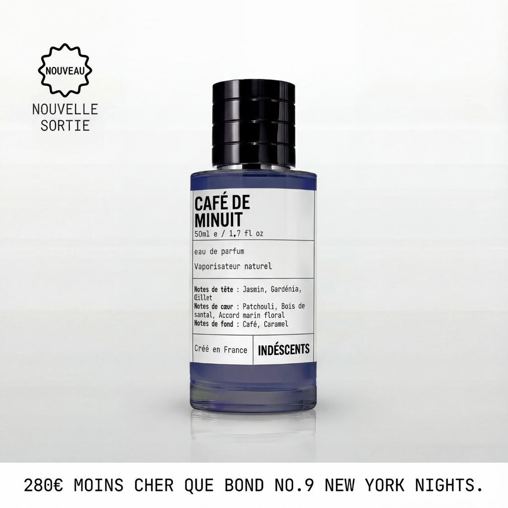 Flacon Café De Minuit Indéscents 50 ml, eau de parfum inspirée de Bond No. 9 New York Nights, notes café et jasmin