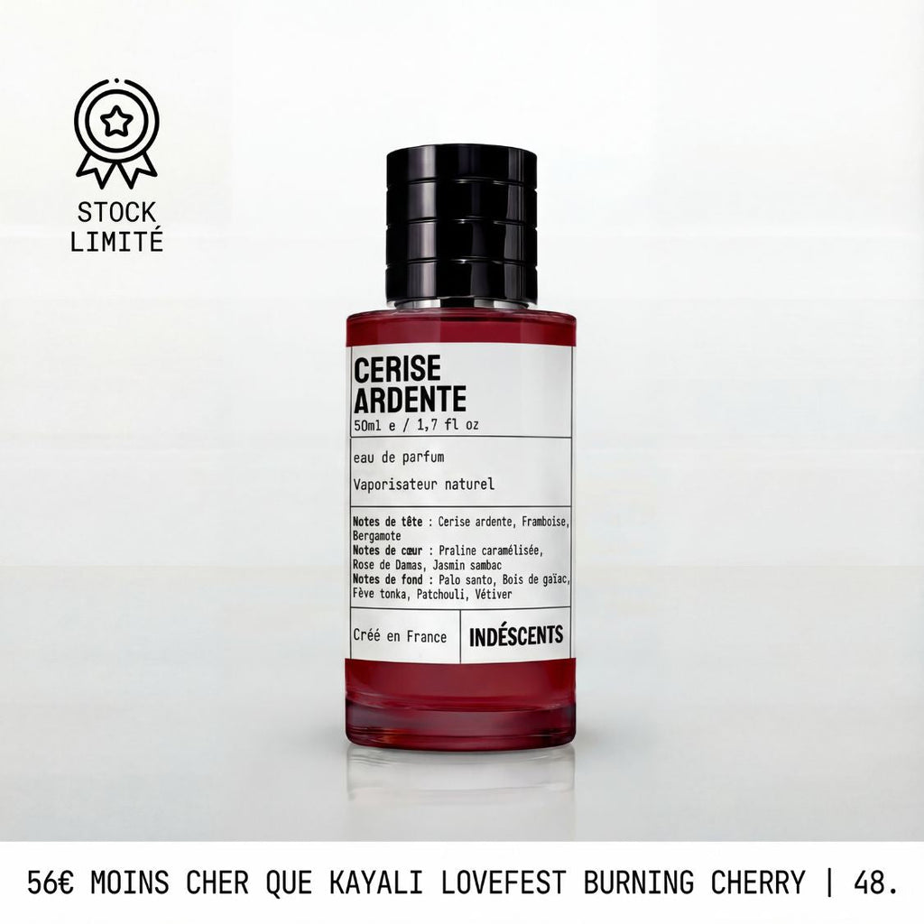 Flacon Cerise Ardente Indéscents 50 ml, eau de parfum inspirée de Kayali Lovefest Burning Cherry, notes cerise et praline