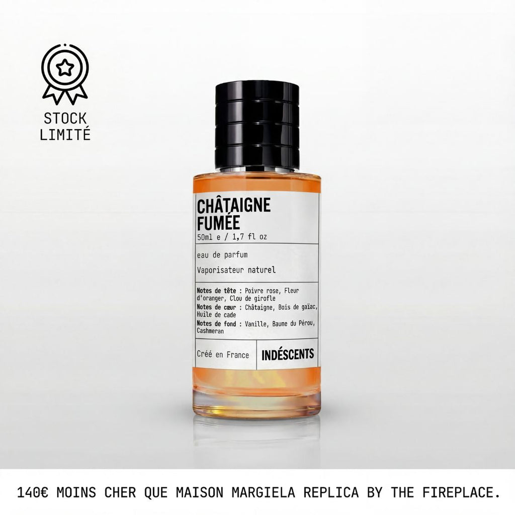 Flacon Châtaigne Fumée Indéscents 50 ml, eau de parfum inspirée de Replica By the Fireplace, notes châtaigne et bois fumé
