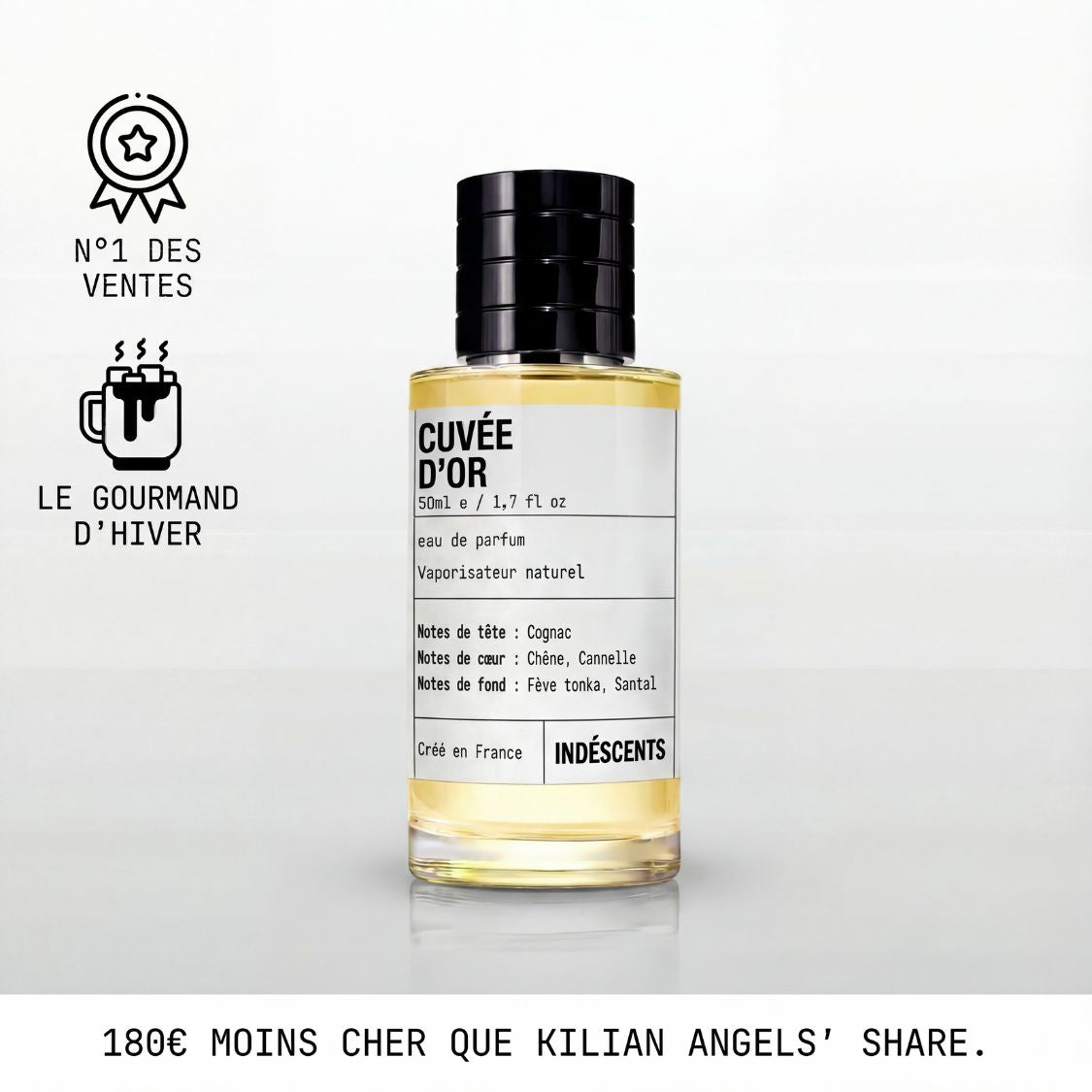 Flacon Cuvée d'Or Indéscents 50 ml, eau de parfum dorée inspirée de Kilian Paris Angels' Share, notes de cognac et tonka