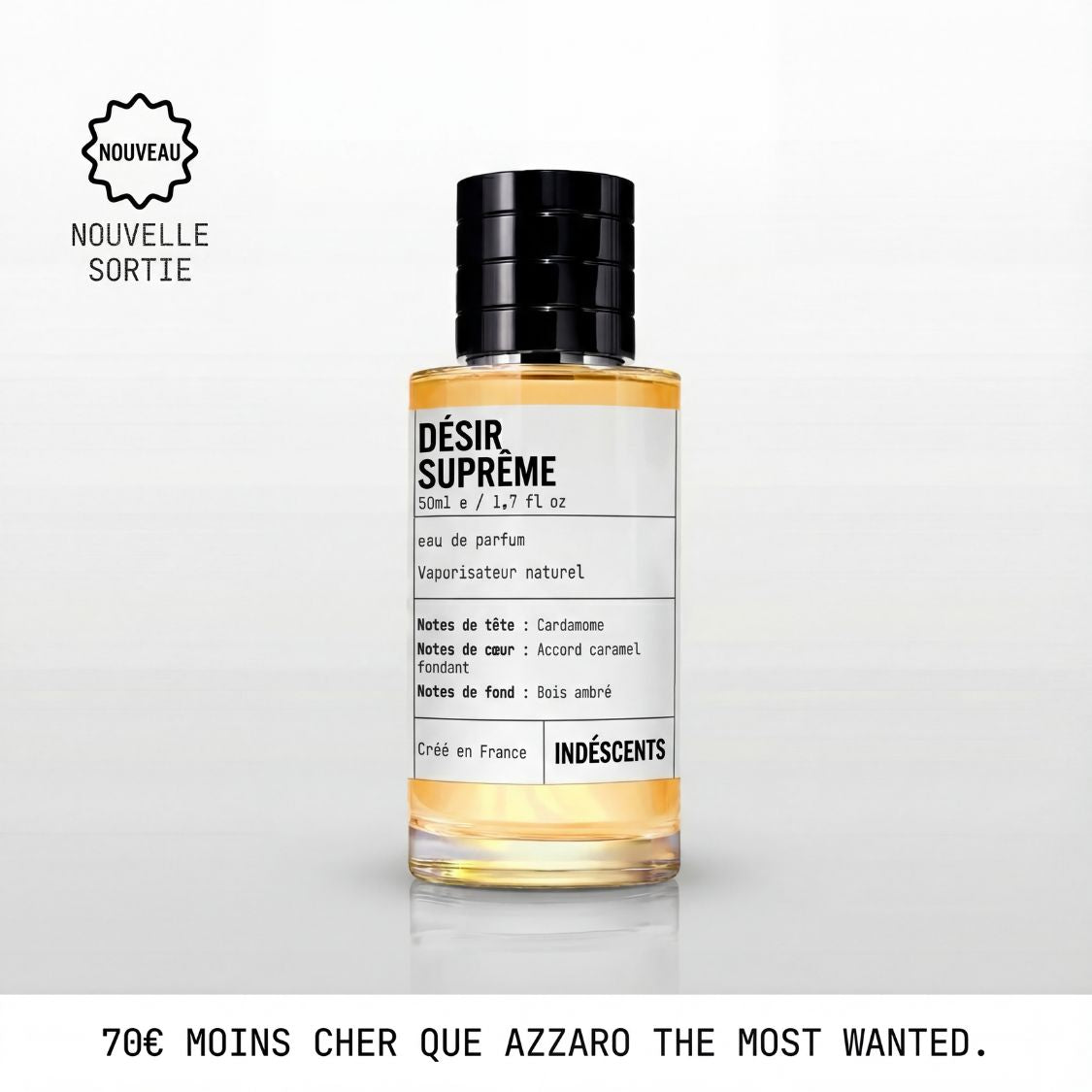 Flacon Désir Suprême d'Indéscents, eau de parfum ambrée inspirée d'Azzaro The Most Wanted