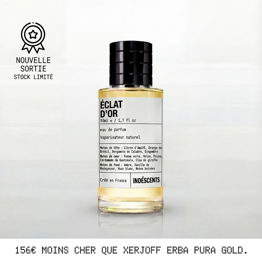 Flacon Éclat d'Or d'Indéscents, eau de parfum fruitée et ambrée inspirée de Xerjoff Erba Gold