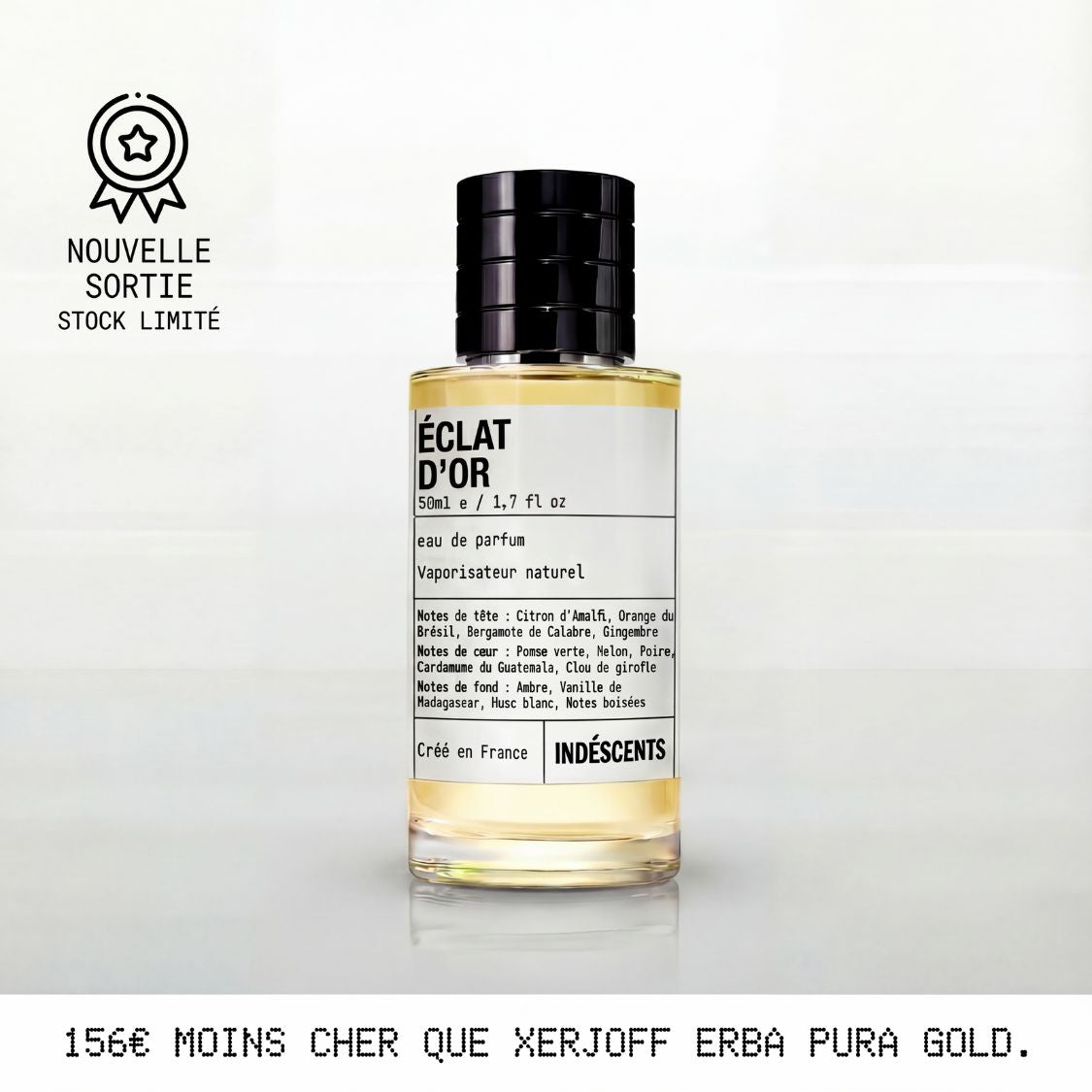 Flacon Éclat d'Or d'Indéscents, eau de parfum fruitée et ambrée inspirée de Xerjoff Erba Gold