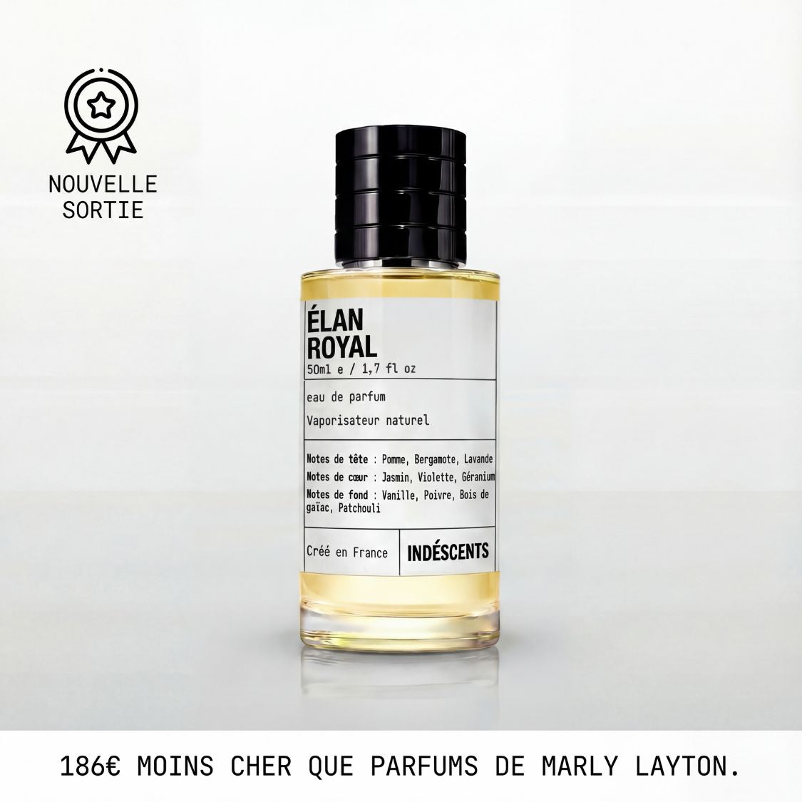 Flacon Élan Royal d'Indéscents, eau de parfum ambrée inspirée de Layton de Parfums de Marly