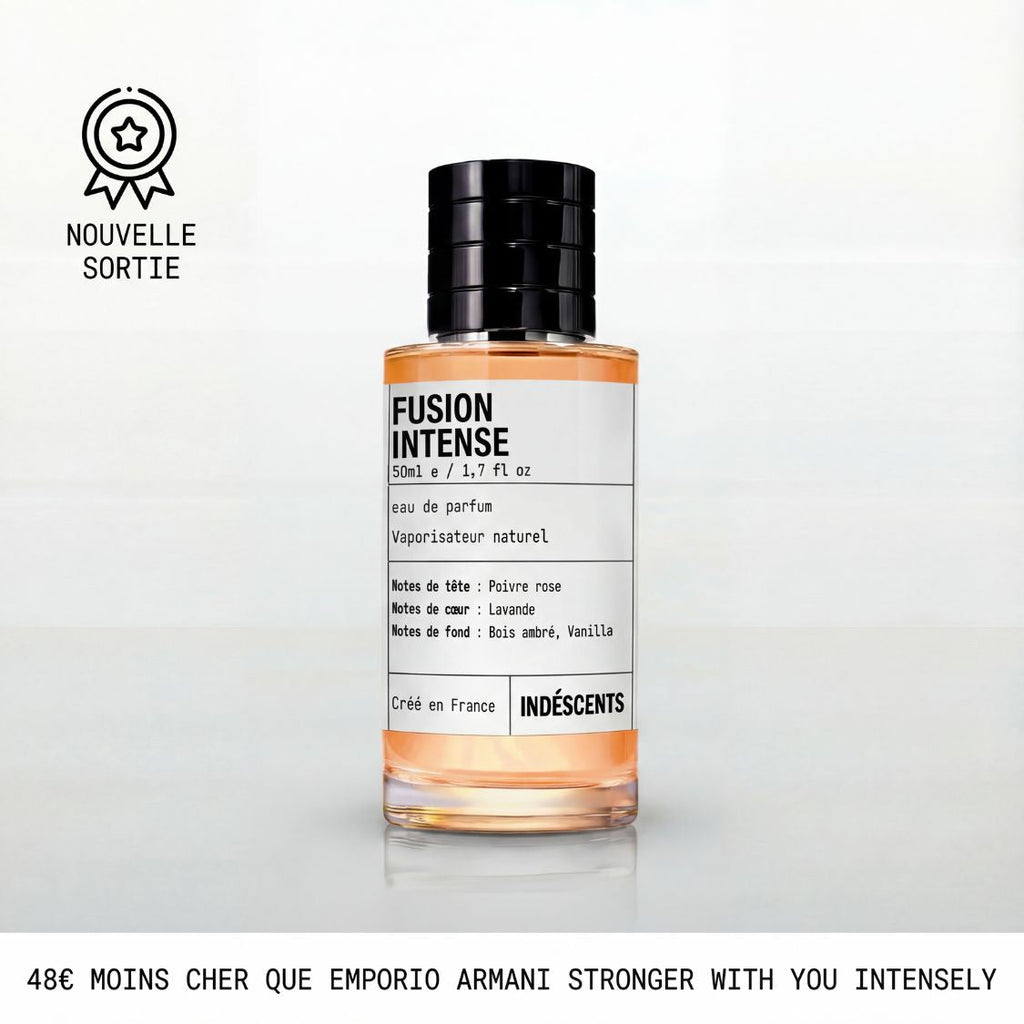 Flacon Fusion Intense Indéscents 50 ml, eau de parfum inspirée d’Armani Stronger With You Intensely, jus orangé