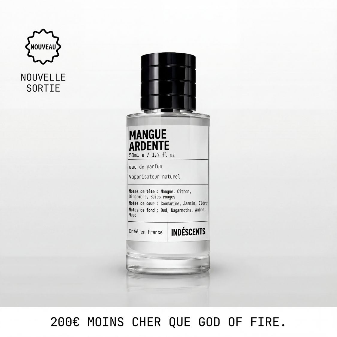 Flacon Mangue Ardente Indéscents 50 ml, eau de parfum inspirée de God of Fire, jus transparent, nouvelle sortie