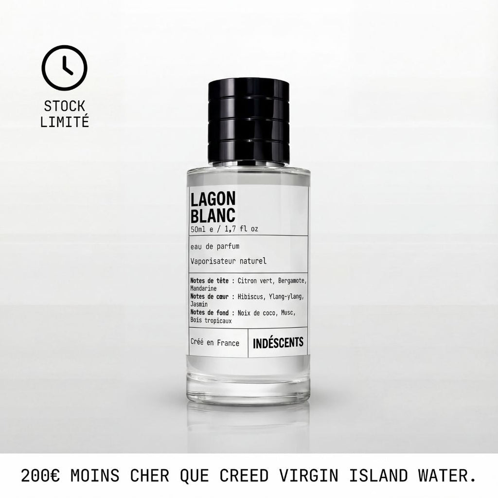 Flacon Lagon Blanc Indéscents 50 ml, eau de parfum inspirée de Creed Virgin Island Water, jus transparent