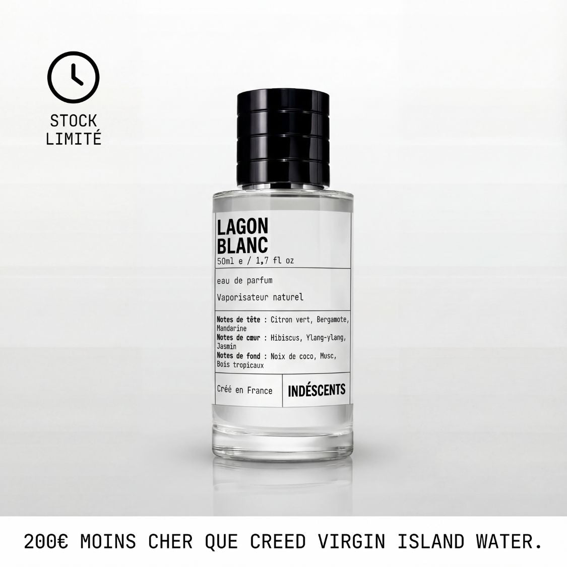 Flacon Lagon Blanc Indéscents 50 ml, eau de parfum inspirée de Creed Virgin Island Water, jus transparent