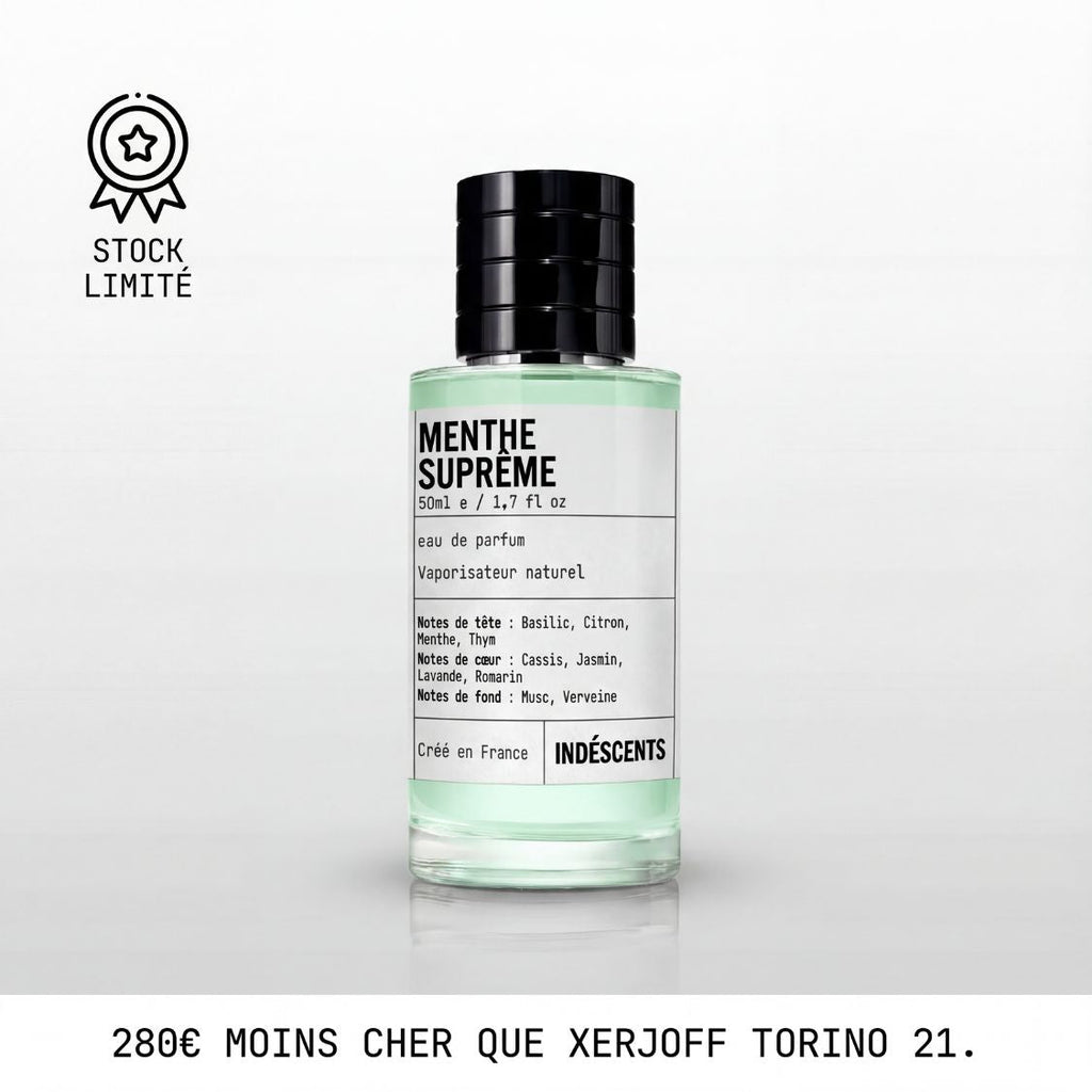 Flacon Menthe Suprême Indéscents 50 ml, eau de parfum inspirée de Xerjoff Torino21, jus vert clair