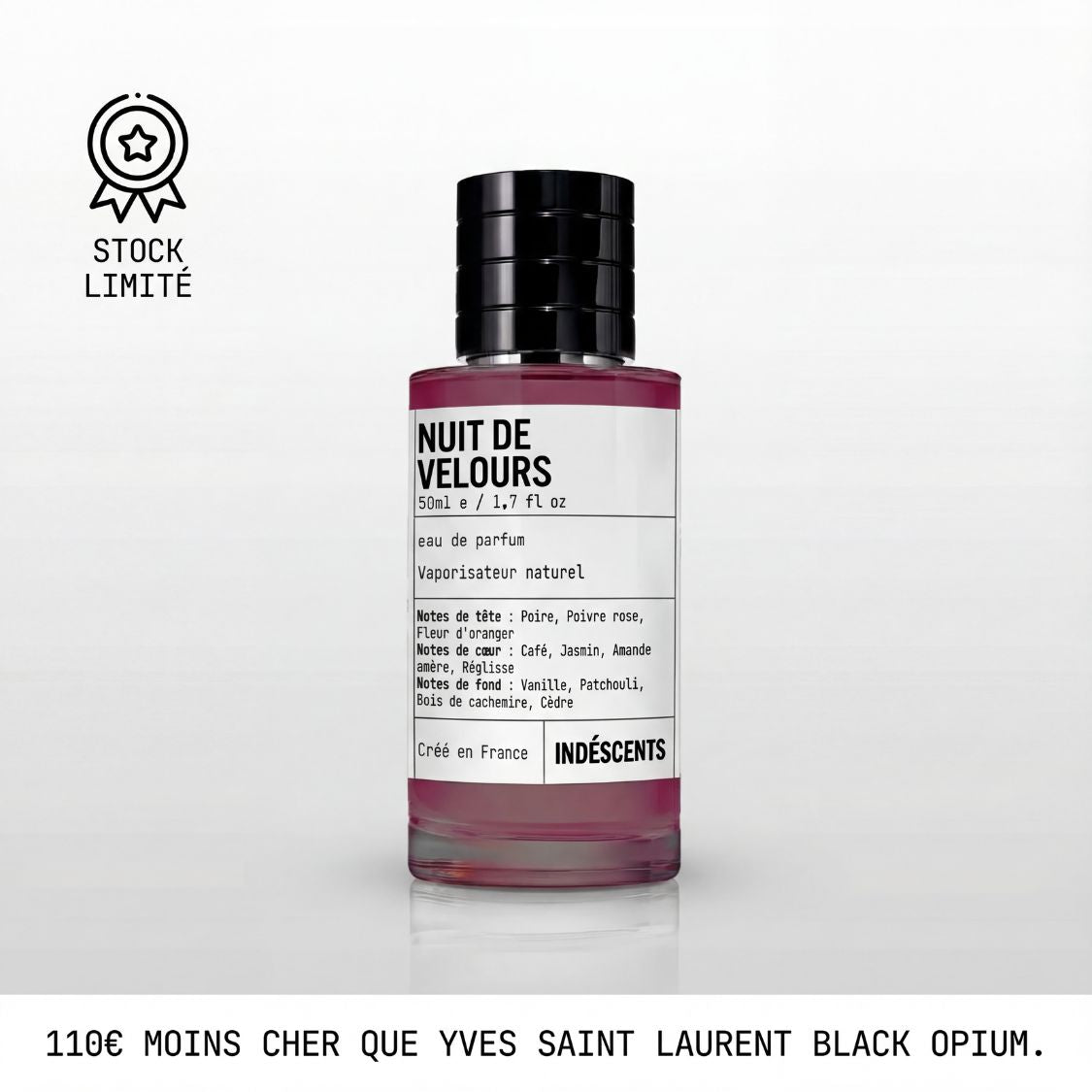 Flacon Nuit de Velours Indéscents, eau de parfum prune inspirée d'Yves Saint Laurent Black Opium