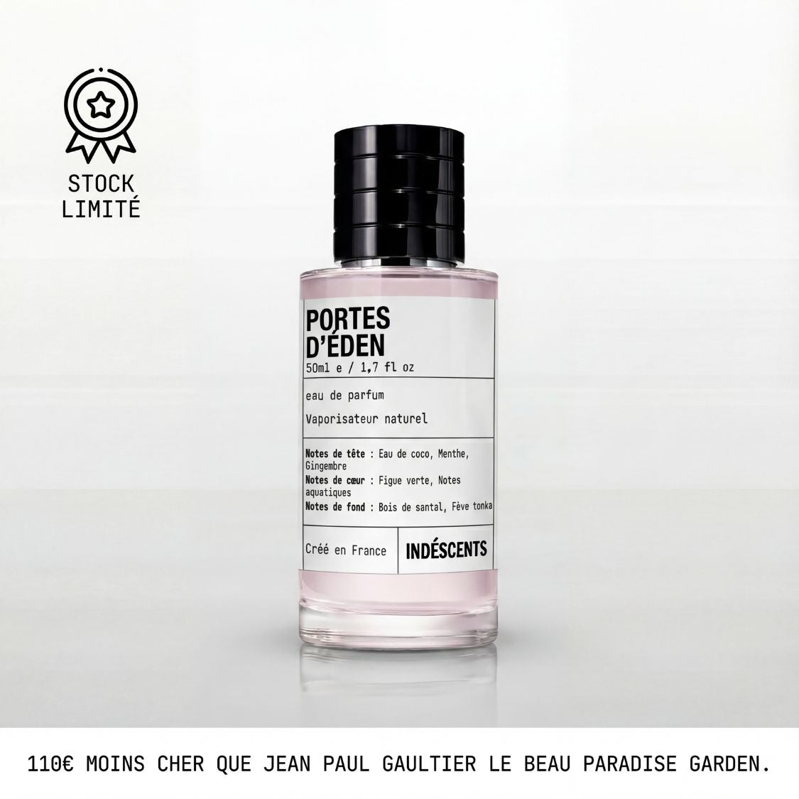 Flacon Portes d'Éden Indéscents, eau de parfum rosée inspirée de Jean Paul Gaultier Le Beau Paradise Garden