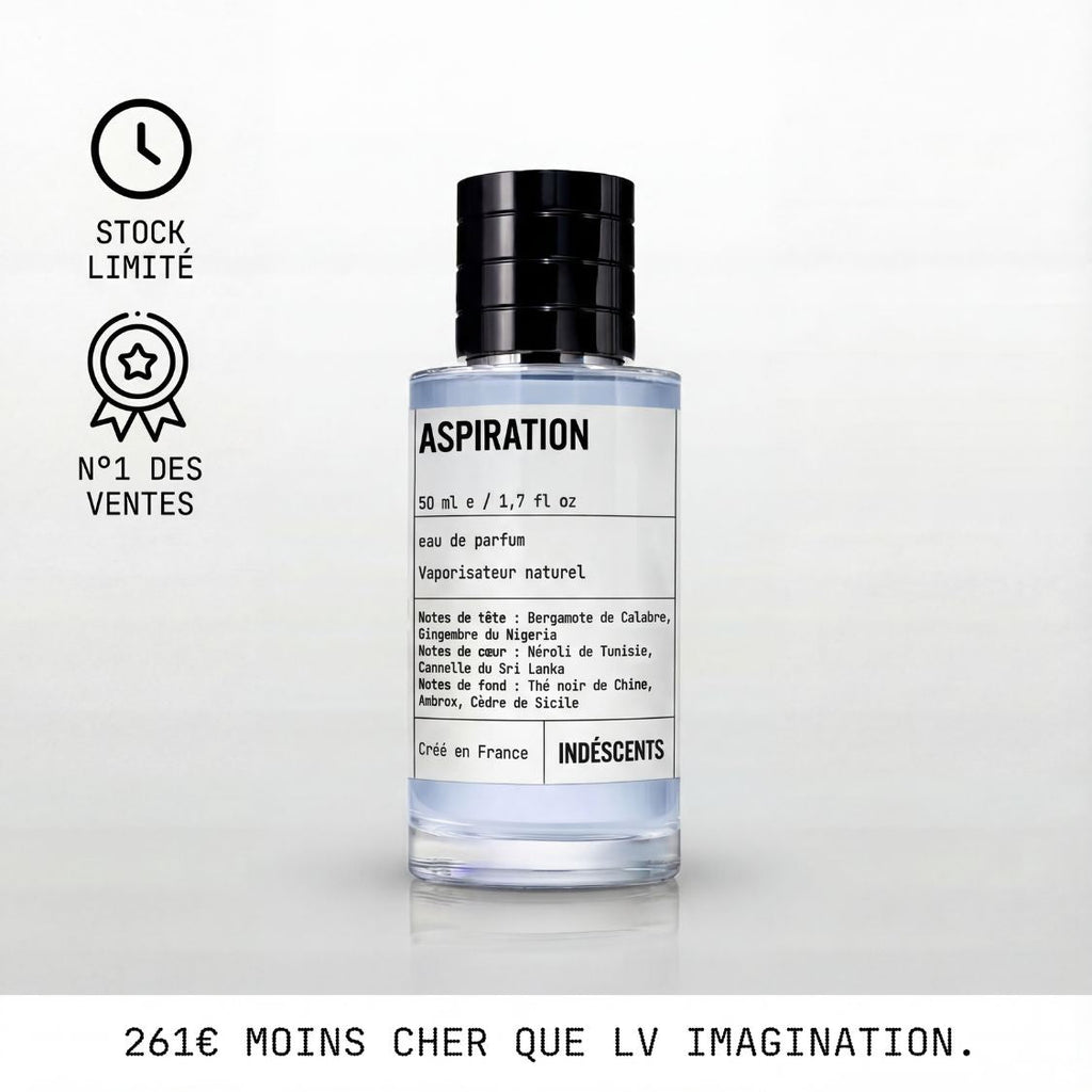 Flacon Aspiration d'Indéscents, eau de parfum inspirée de Louis Vuitton Imagination, bergamote et thé noir