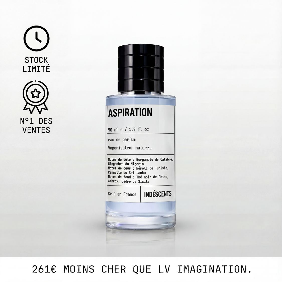 Flacon Aspiration d'Indéscents, eau de parfum inspirée de Louis Vuitton Imagination, bergamote et thé noir