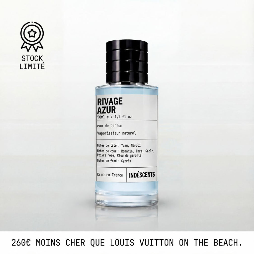 Flacon Rivage Azur Indéscents, eau de parfum bleu clair inspirée de Louis Vuitton On The Beach, 50 ml
