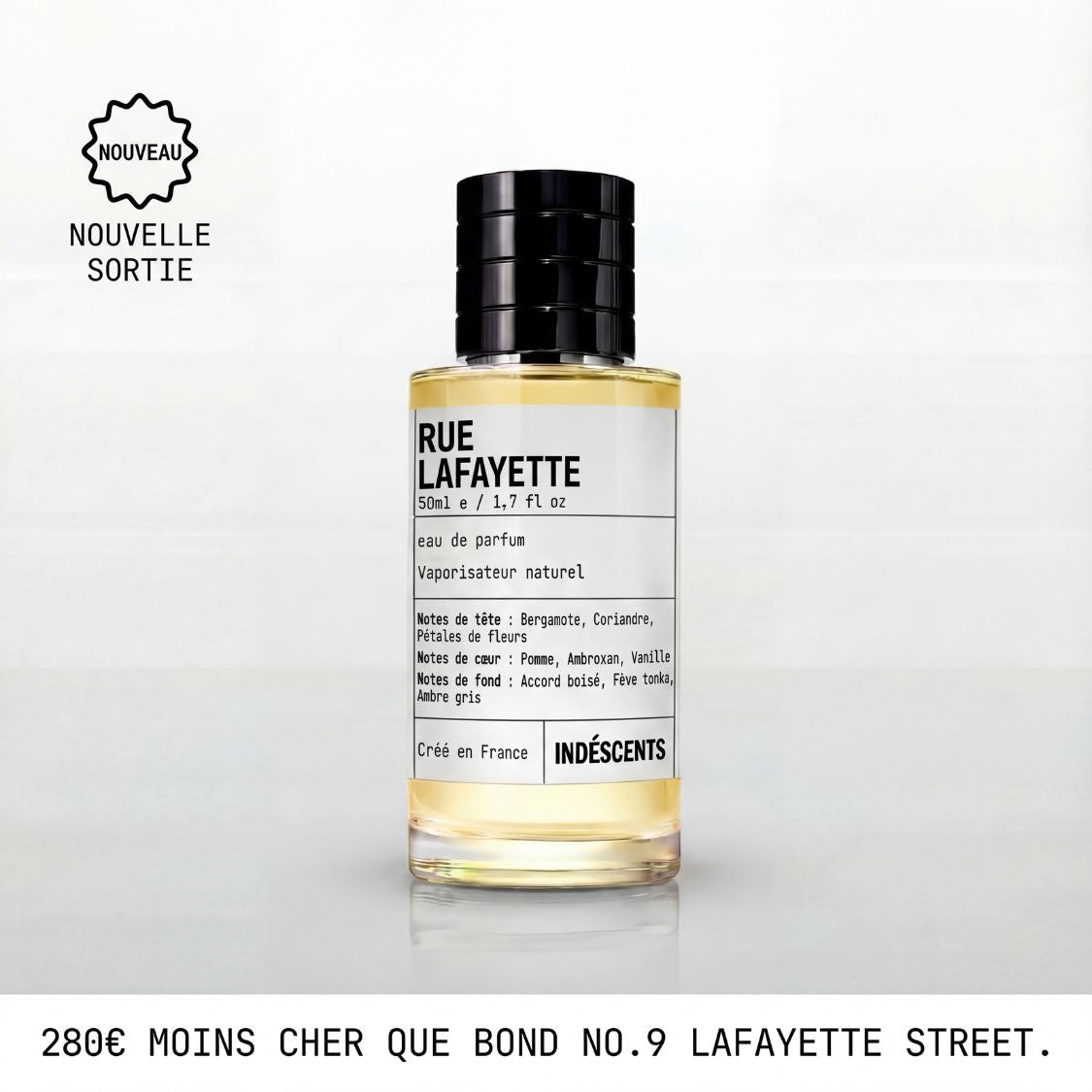 Flacon Rue Lafayette Indéscents, eau de parfum ambrée inspirée de Bond No. 9 Lafayette Street, 50 ml