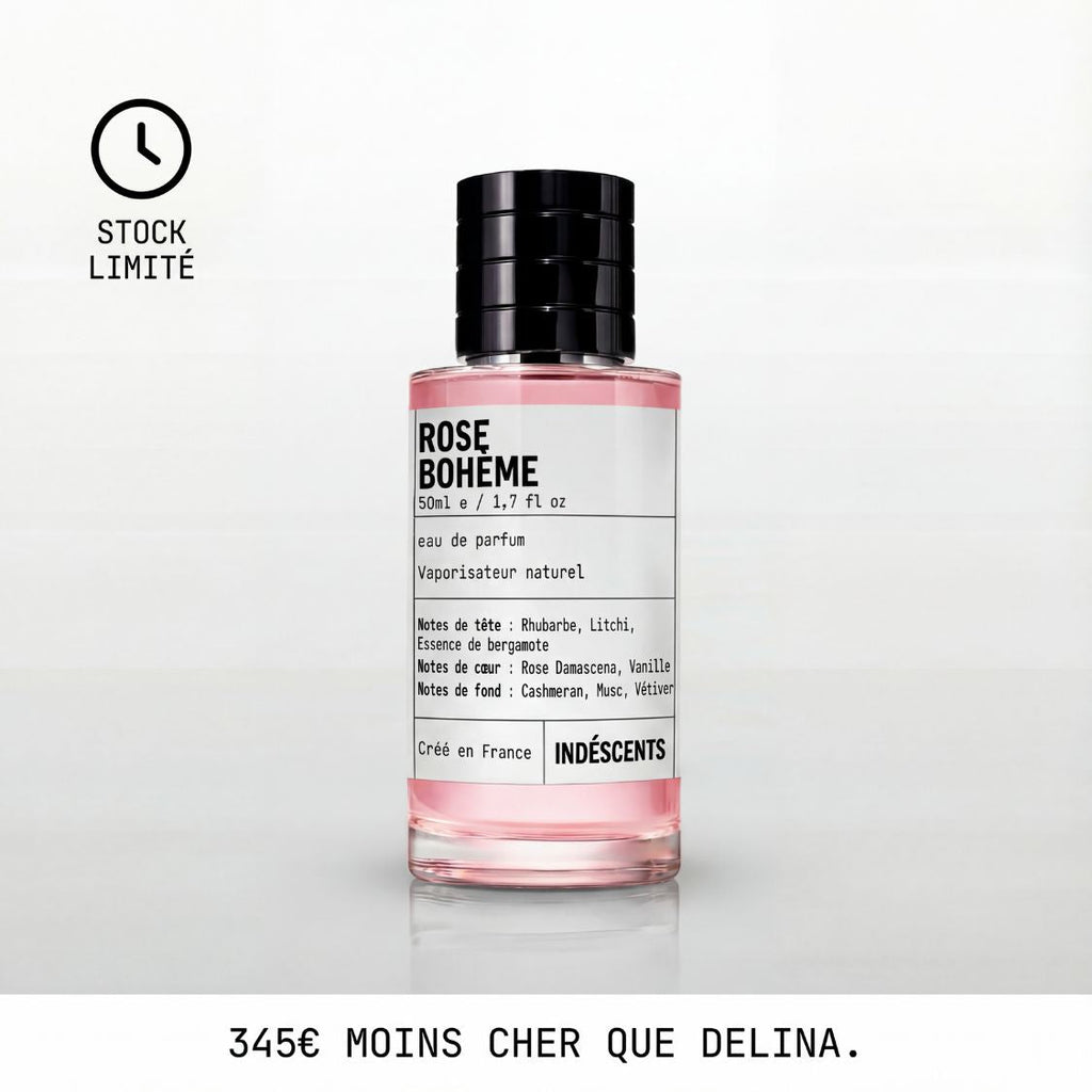 Flacon Rose Bohême Indéscents, eau de parfum rose inspirée de Delina, 50 ml, étiquette avec notes olfactives