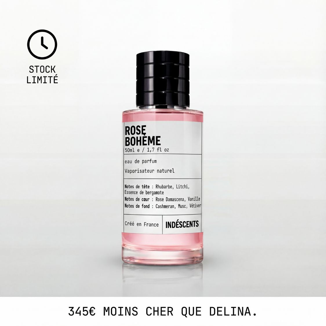 Flacon Rose Bohême Indéscents, eau de parfum rose inspirée de Delina, 50 ml, étiquette avec notes olfactives