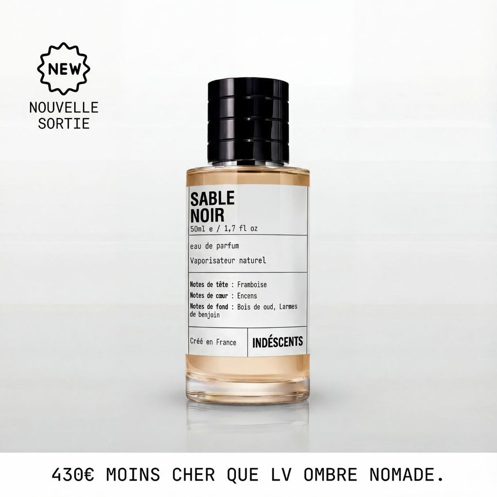 Flacon Sable Noir Indéscents, eau de parfum 50 ml inspirée de Louis Vuitton Ombre Nomade, capsule noire