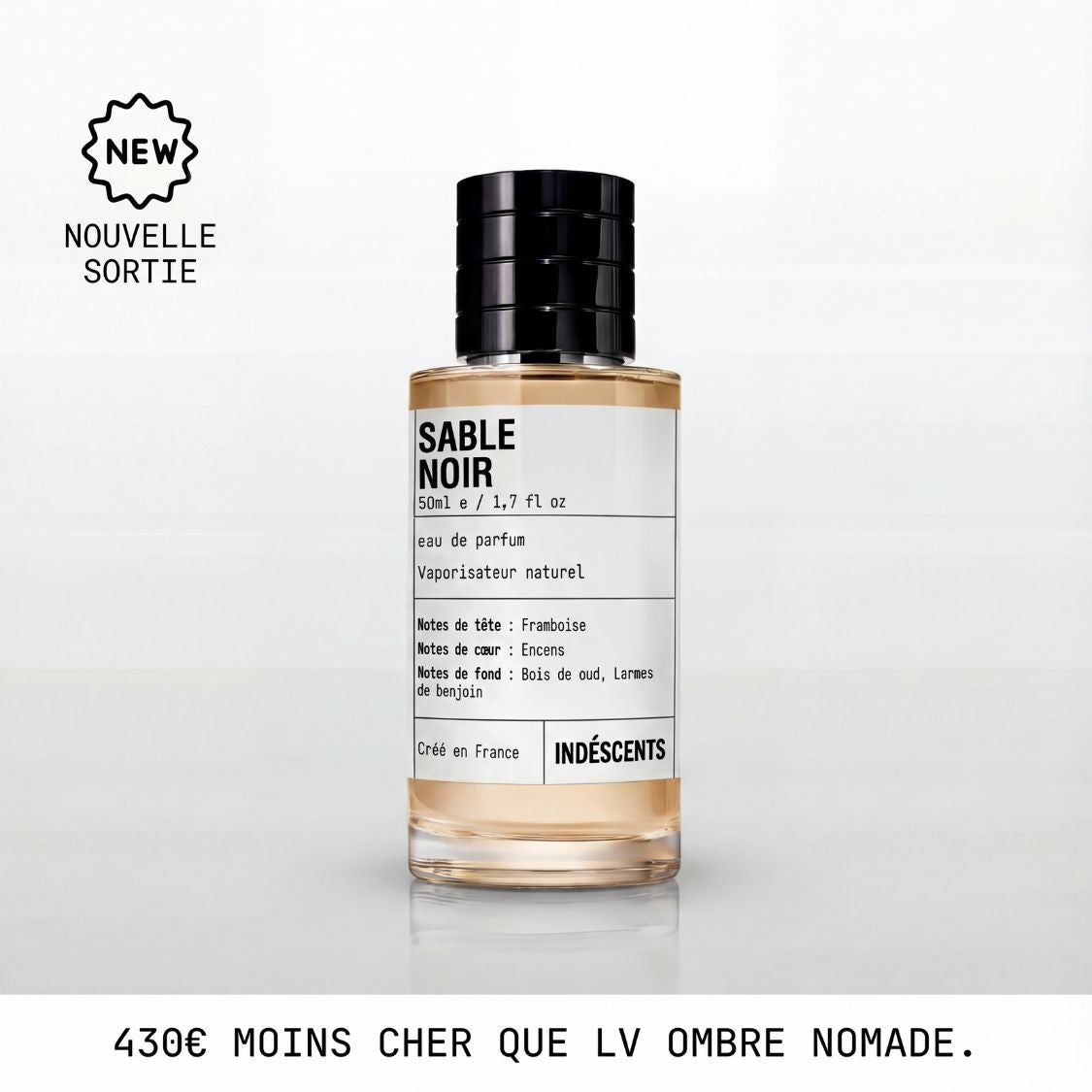 Flacon Sable Noir Indéscents, eau de parfum 50 ml inspirée de Louis Vuitton Ombre Nomade, capsule noire