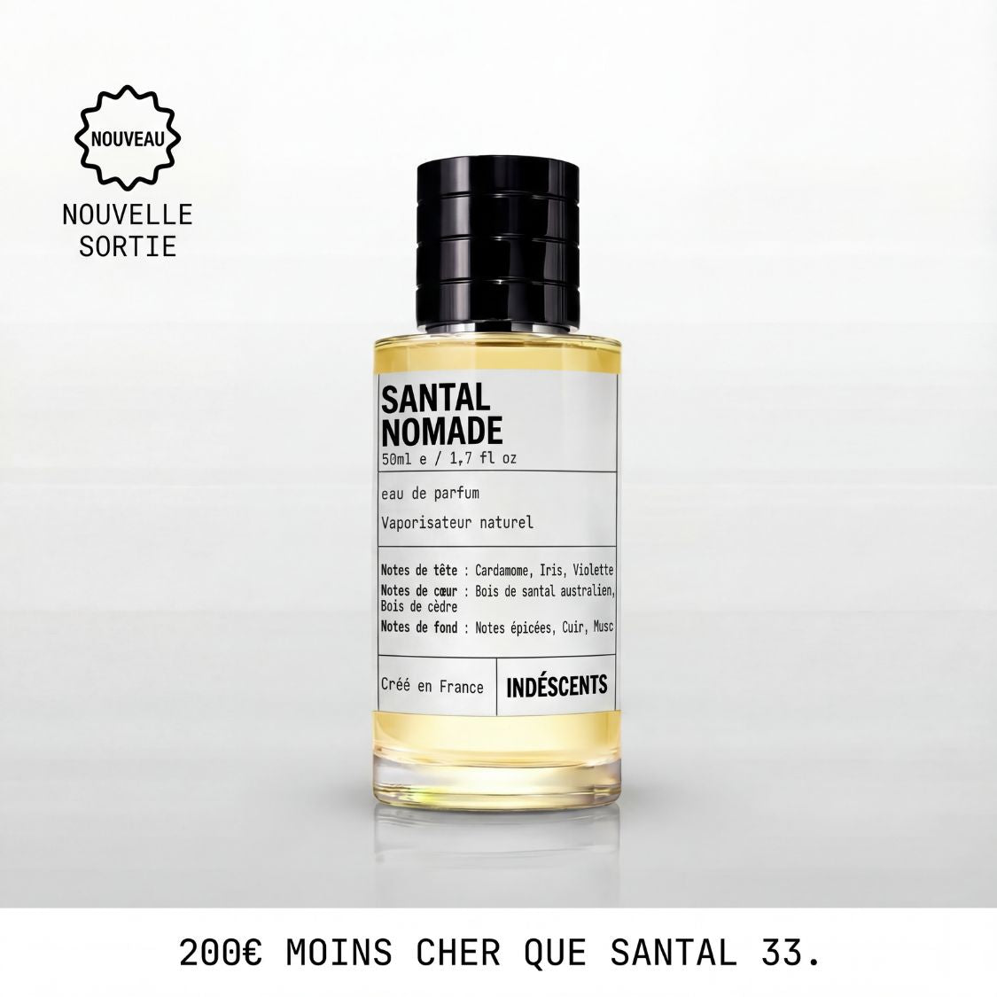 Flacon Santal Nomade Indéscents, eau de parfum 50 ml inspirée de Le Labo Santal 33, capsule noire