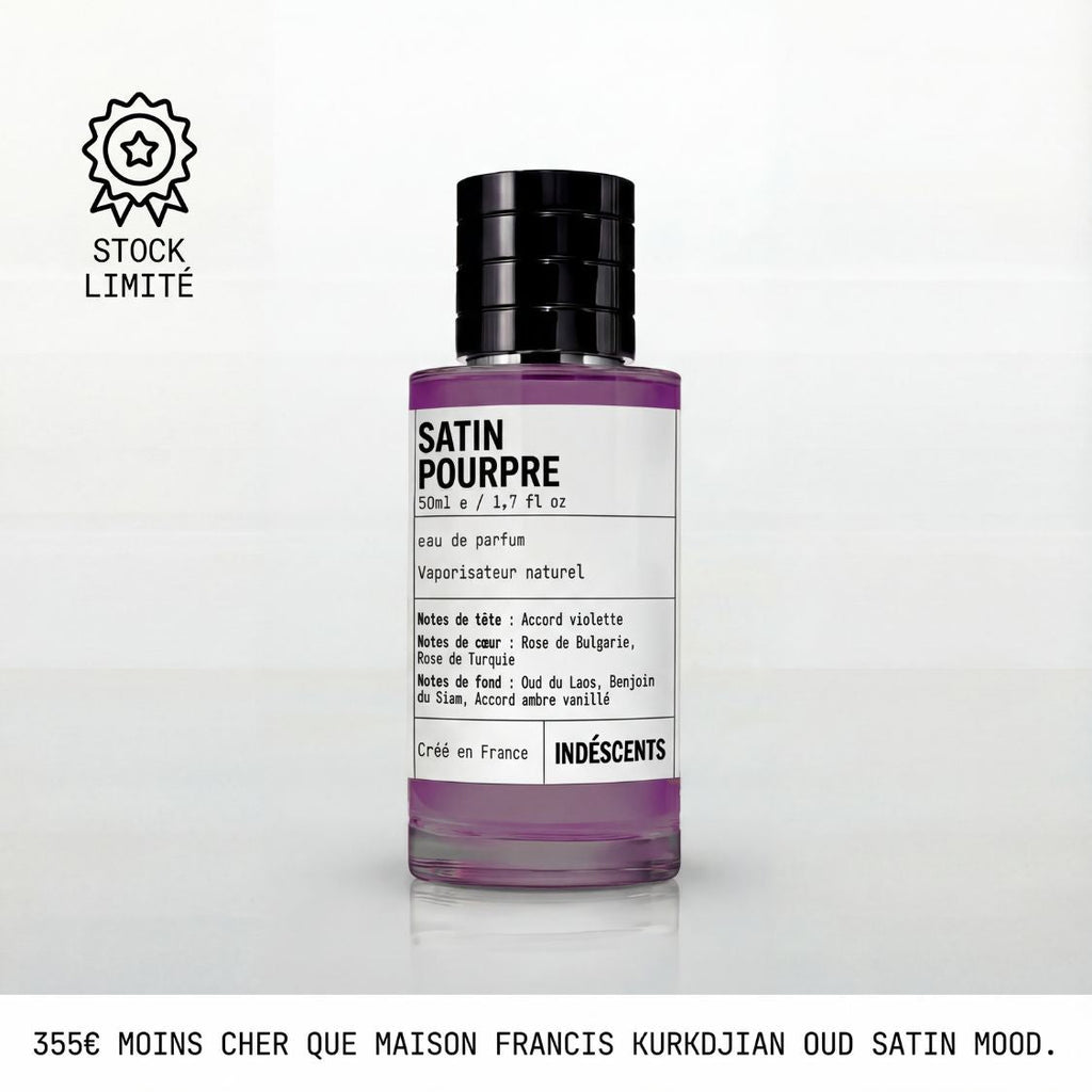 Flacon Satin Pourpre Indéscents, eau de parfum 50 ml inspirée de Maison Francis Kurkdjian Oud Satin Mood