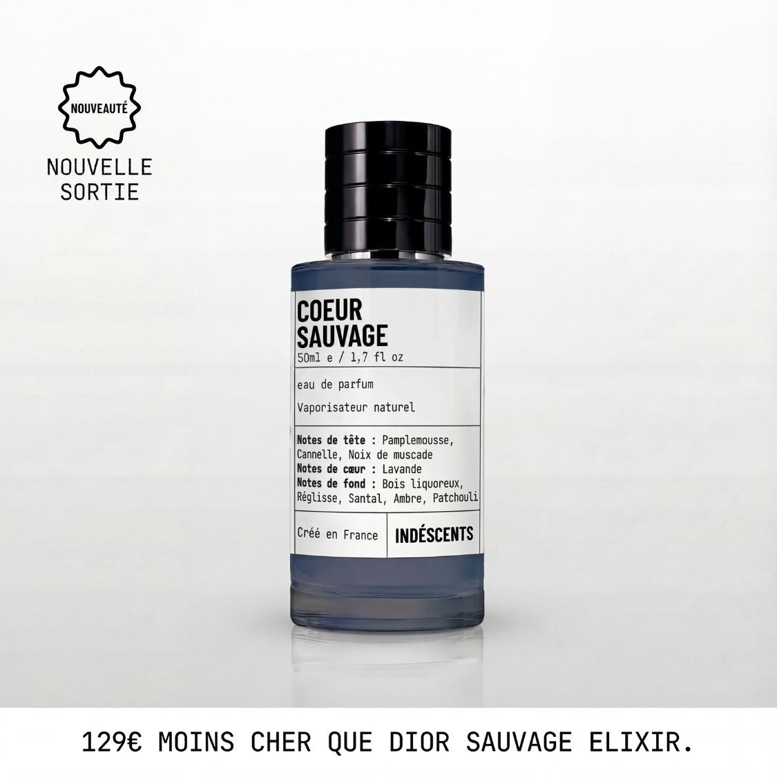 Flacon Cœur Sauvage d'Indéscents, eau de parfum inspirée de Dior Sauvage Elixir, cannelle et réglisse