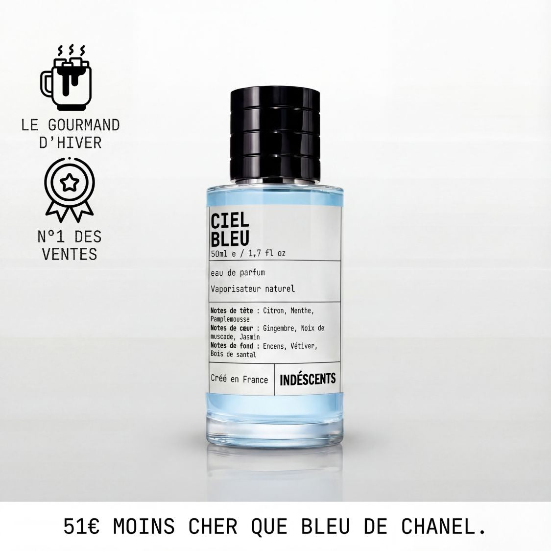 Flacon Ciel Bleu d'Indéscents, eau de parfum inspirée de Bleu de Chanel, citron, encens et santal
