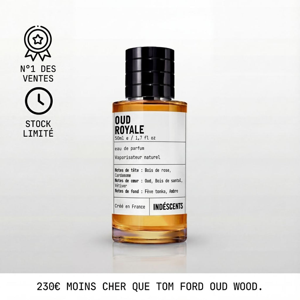Flacon Oud Royale Indéscents, eau de parfum boisée ambrée inspirée de Tom Ford Oud Wood, 50 ml