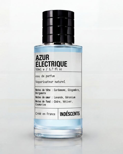 Flacon Azur Électrique Indéscents, eau de parfum aromatique inspirée de YSL La Nuit de L'Homme Bleu Électrique, 50 ml