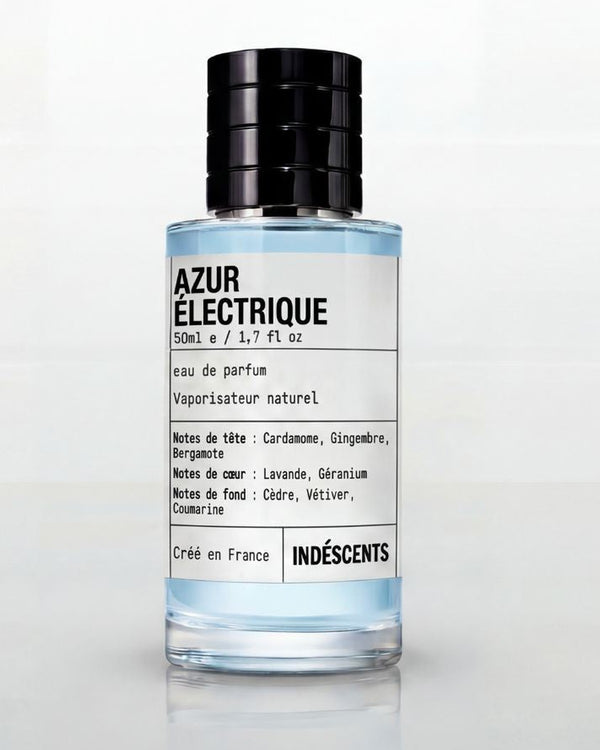 Flacon Azur Électrique Indéscents, eau de parfum aromatique inspirée de YSL La Nuit de L'Homme Bleu Électrique, 50 ml