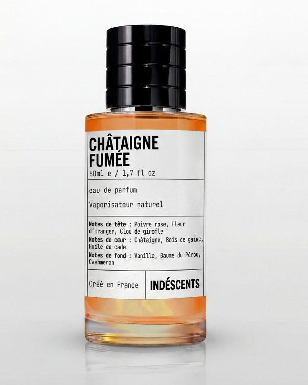 Flacon Châtaigne Fumée Indéscents 50 ml, eau de parfum inspirée de Replica By the Fireplace, notes châtaigne et bois fumé