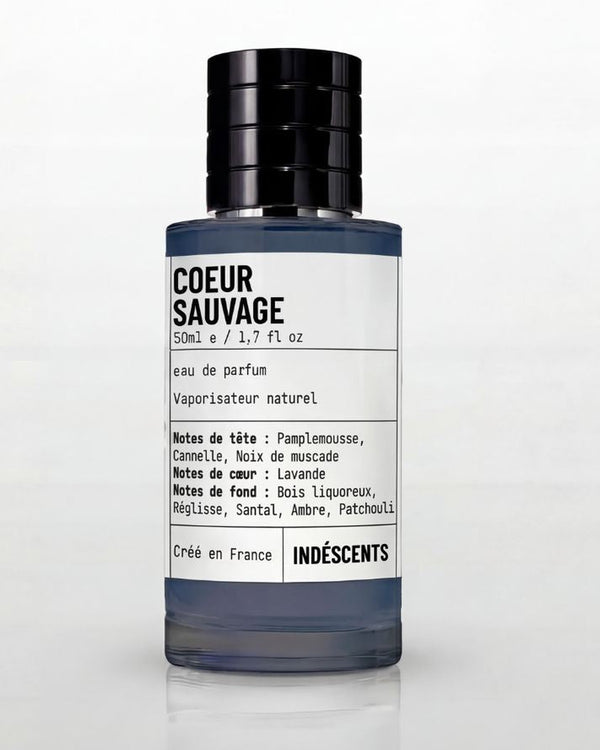 Flacon Cœur Sauvage d'Indéscents, eau de parfum inspirée de Dior Sauvage Elixir, cannelle et réglisse