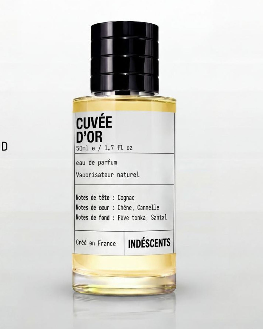 Flacon Cuvée d'Or Indéscents 50 ml, eau de parfum dorée inspirée de Kilian Paris Angels' Share, notes de cognac et tonka