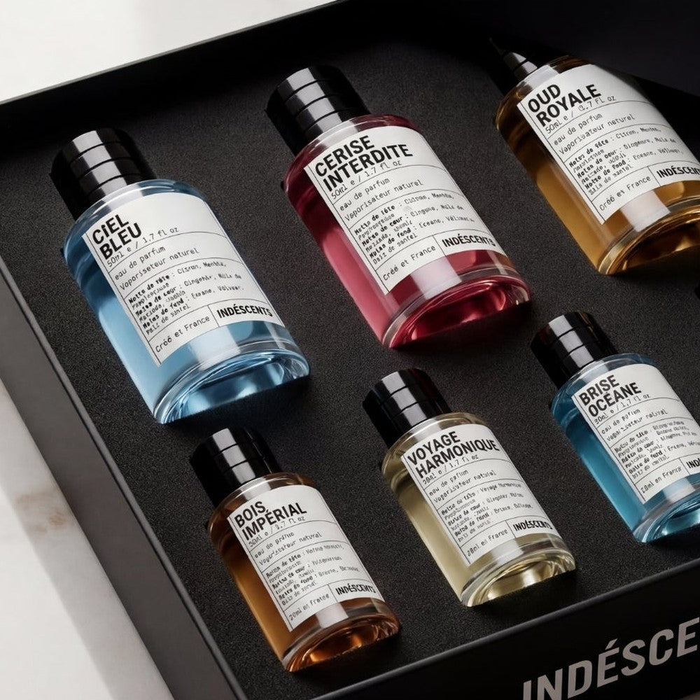 Les sept flacons du coffret Indéscents, gros plan