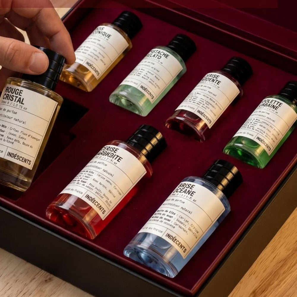 Coffret Indéscents ouvert, flacons 50 ml et 20 ml
