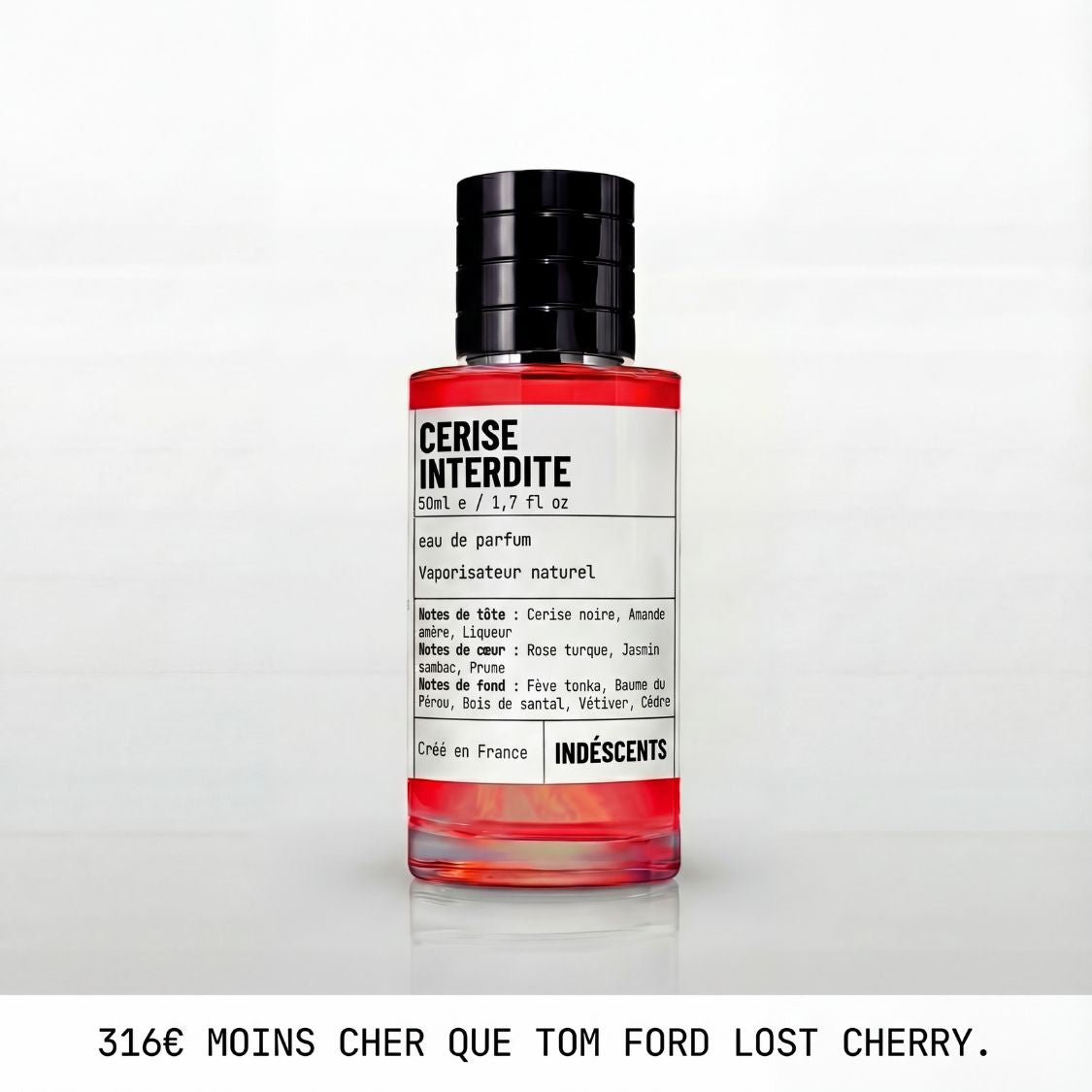 Flacon Cerise Interdite Indéscents, eau de parfum gourmande à la cerise inspirée de Tom Ford Lost Cherry, 50 ml